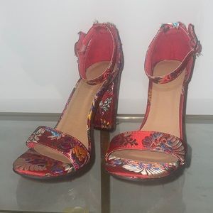 Embroidered Open Toe Sandal Heels